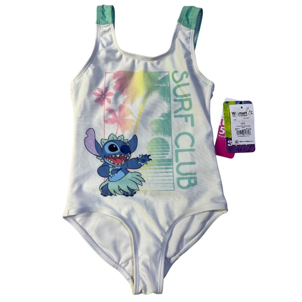 Stitch Girls Size 4-5 One-Piece Swimsuit Surf Club  Cream Eco-Friendly Recycled